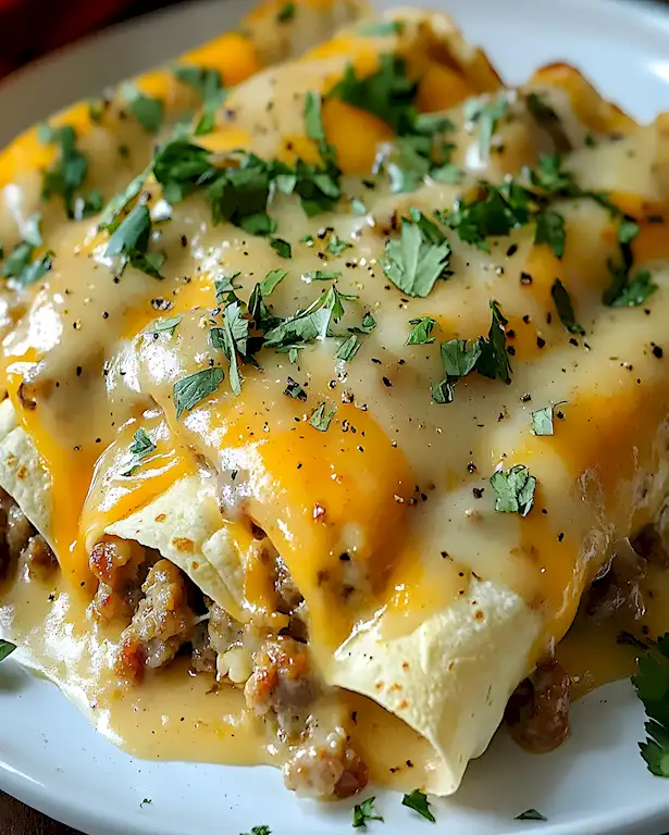 Herzhaftes Südstaaten-Frühstück Enchiladas mit cremiger Wurstsoße 1 Herzhaftes Südstaaten-Frühstück Enchiladas mit cremiger Wurstsoße