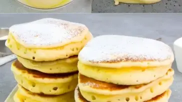 Leckere fluffige Pfannkuchen mit Joghurt und Ahornsirup