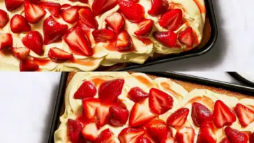 Leckeres fruchtiges Erdbeerkuchen Rezept vom Blech mit cremigem Vanillepudding