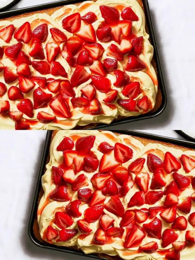 Leckeres fruchtiges Erdbeerkuchen Rezept vom Blech mit cremigem Vanillepudding
