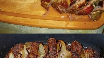 Gefullter Nackenbraten mit Speck und Zwiebeln
