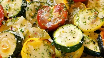Gerostete Zucchini Kurbis und Tomaten mit Parmesan