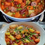 Herzhafte Kartoffel Wurst Pfanne mit Erbsen