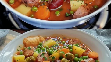 Herzhafte Kartoffel Wurst Pfanne mit Erbsen