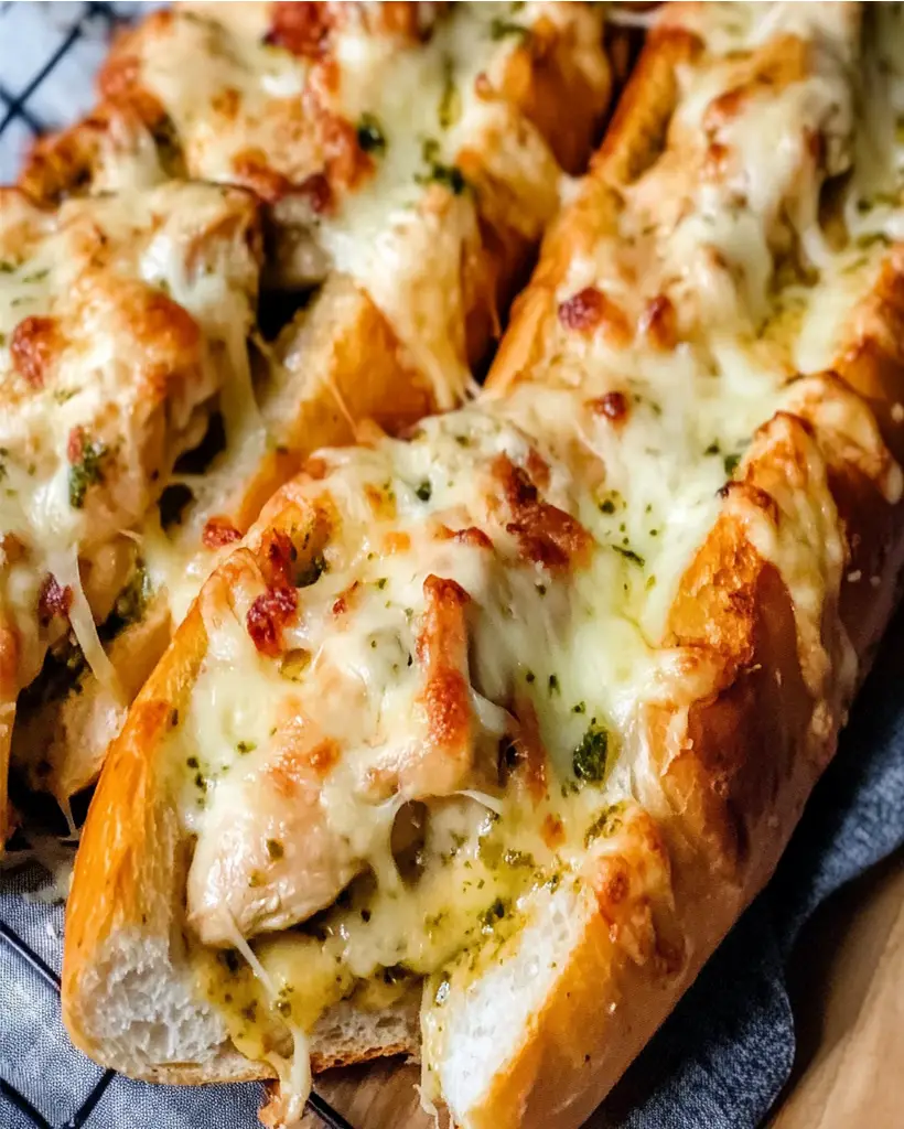 Käse-Pesto-Hühnchen mit Knoblauchbaguette 1 Käse-Pesto-Hühnchen mit Knoblauchbaguette