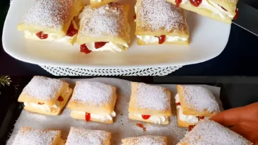 Schnelle Blatterteigteilchen gefullt mit Sahne und Marmelade