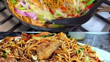 Schnelle Hahnchen Wok Nudeln mit Sojasprossen