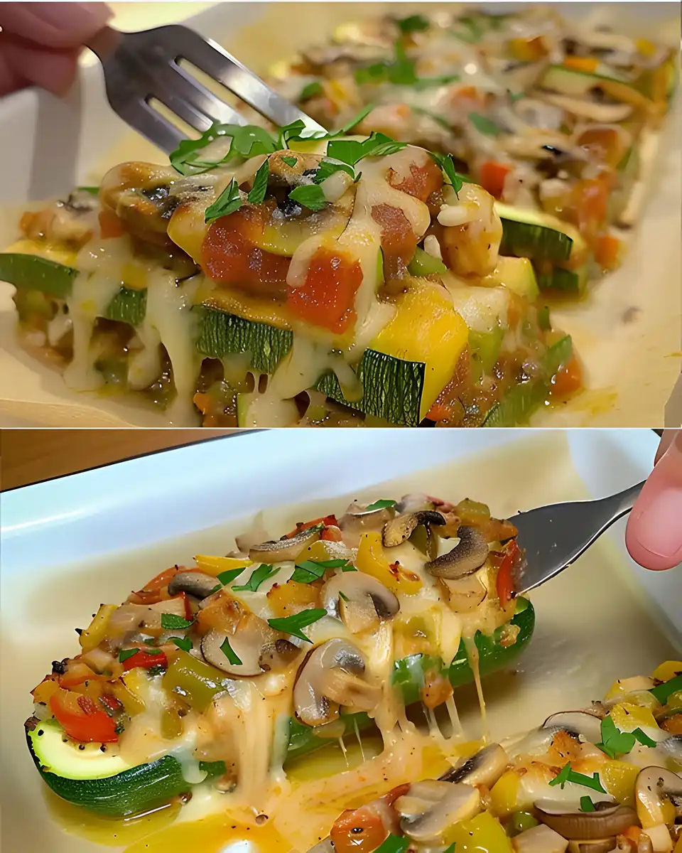Uberbackene Zucchini mit Kase und Pilzen
