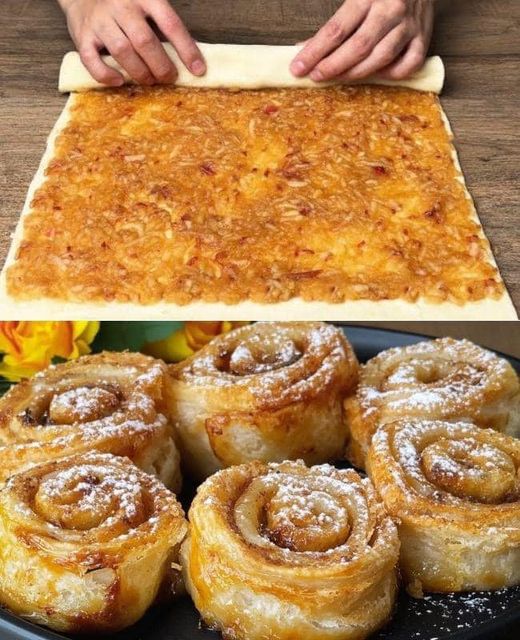 Knusprige Blätterteig-Apfelrollen mit Zimt und Zucker 1 Wenn Sie Blatterteig haben reibe einfach 3 Apfel und das Dessert ist in 10 Minuten fertig Kochen