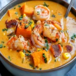 Wurzige Suskartoffel Meeresfruchte Suppe