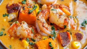Wurzige Suskartoffel Meeresfruchte Suppe
