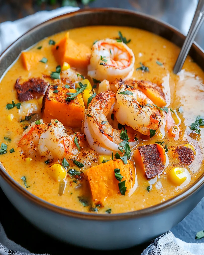 Würzige Süßkartoffel Meeresfrüchte Suppe