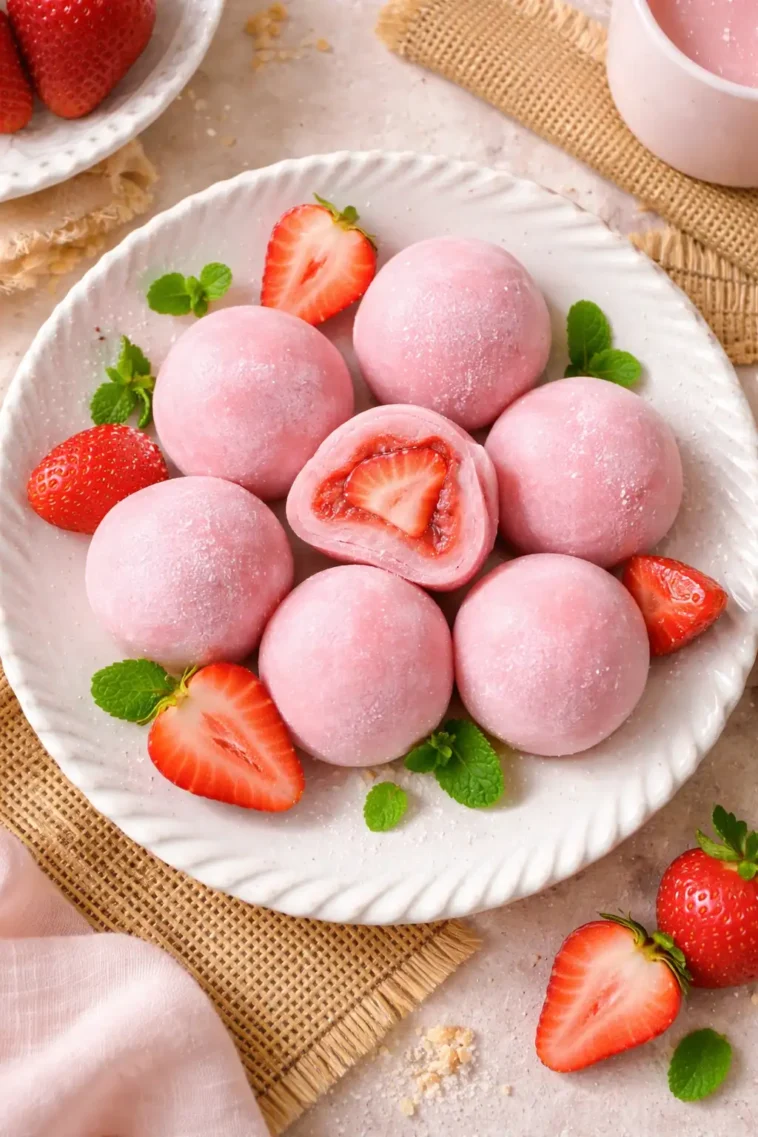 Erdbeer-Mochi 6 Leckere Erdbeer-Mochi aus frischen Erdbeeren und klebrigem Reismehl