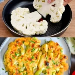 Blumenkohlschnitzel mit cremigem Ei und knusprigem Paniermehl 3 Blumenkohlschnitzel mit cremigem Ei und knusprigem Paniermehl auf einem Teller serviert