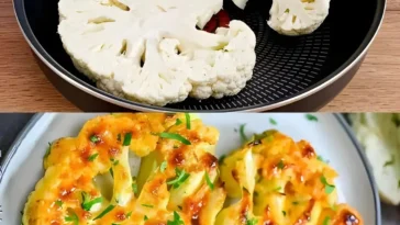 Blumenkohlschnitzel mit cremigem Ei und knusprigem Paniermehl auf einem Teller serviert