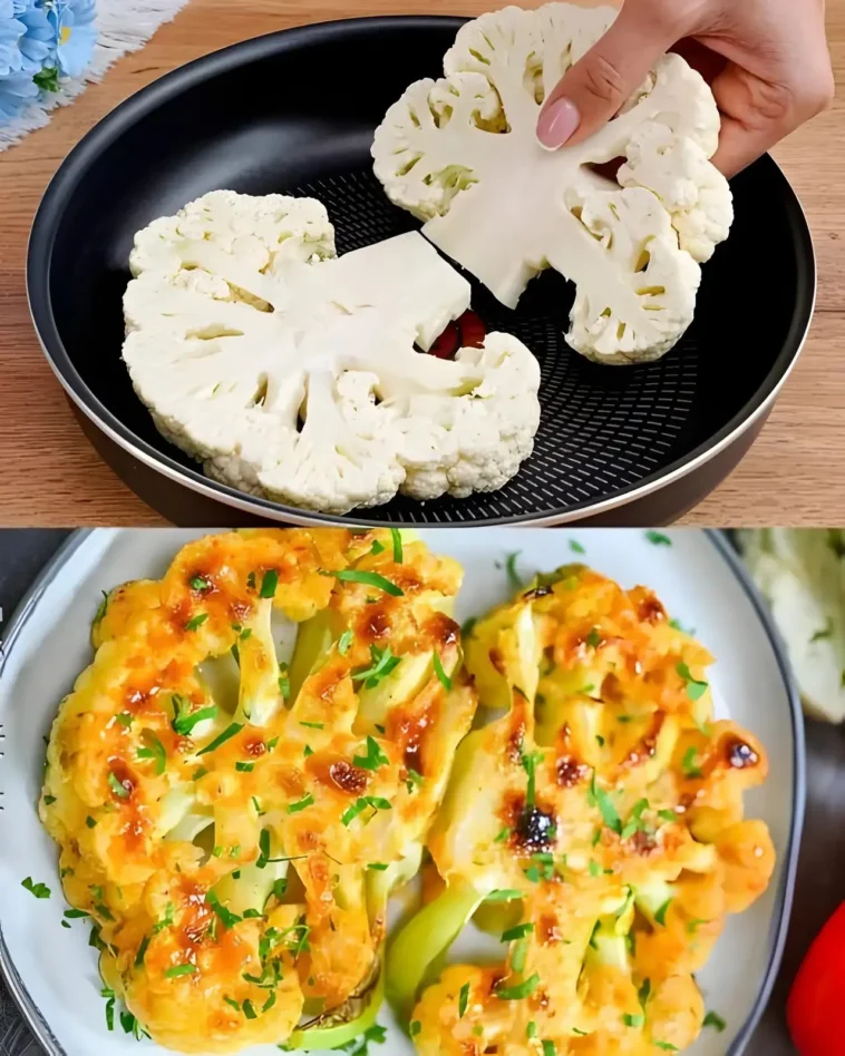 Blumenkohlschnitzel mit cremigem Ei und knusprigem Paniermehl 6 Blumenkohlschnitzel mit cremigem Ei und knusprigem Paniermehl auf einem Teller serviert