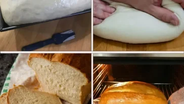 Brot ohne Kneten Rezept mit goldbraunem Laib und frischem Bäckerbrot.