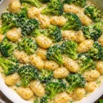 Cremige Gnocchi in Brokkoli-Sahnesoße 3 Cremige Gnocchi in Brokkoli-Sahnesoße serviert auf einem Teller