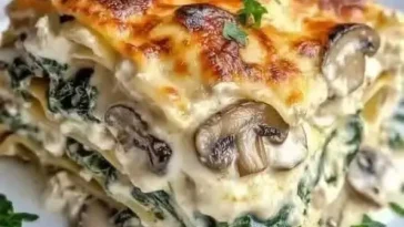 Cremige Lasagne mit Spinat und Champignons auf einem Teller.