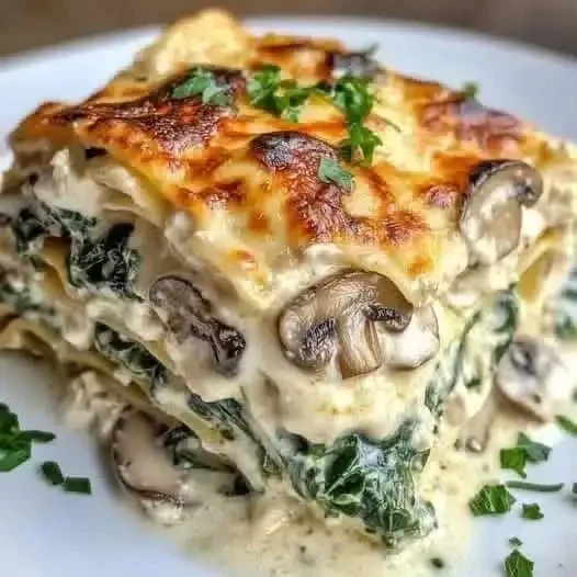 Cremige Lasagne mit Spinat und Champignons 11 Cremige Lasagne mit Spinat und Champignons auf einem Teller.