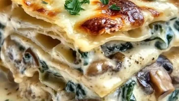 Cremige Lasagne mit Spinat und Champignons auf einem Teller serviert