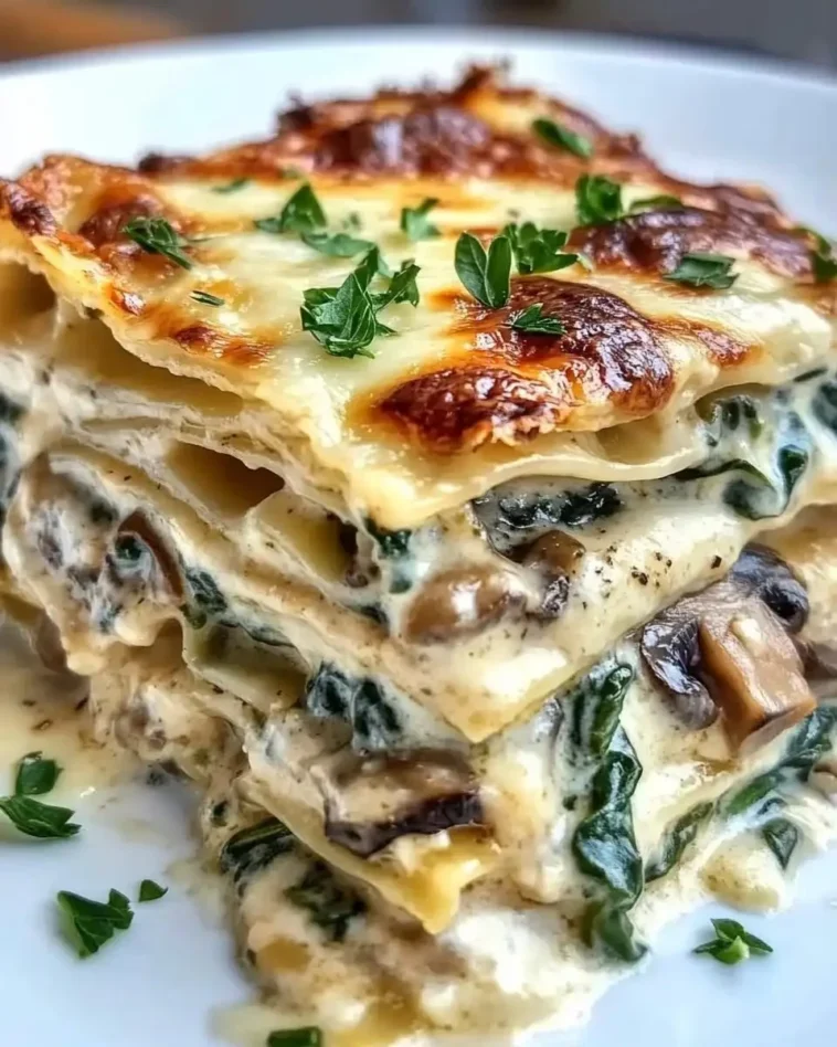 Cremige Lasagne mit Spinat und Champignons 3 Cremige Lasagne mit Spinat und Champignons auf einem Teller serviert