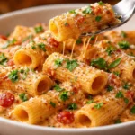 Cremige Tomatenknoblauch-Pasta 3 Cremige Tomatenknoblauch-Pasta auf einem Teller serviert.