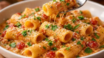 Cremige Tomatenknoblauch-Pasta auf einem Teller serviert.