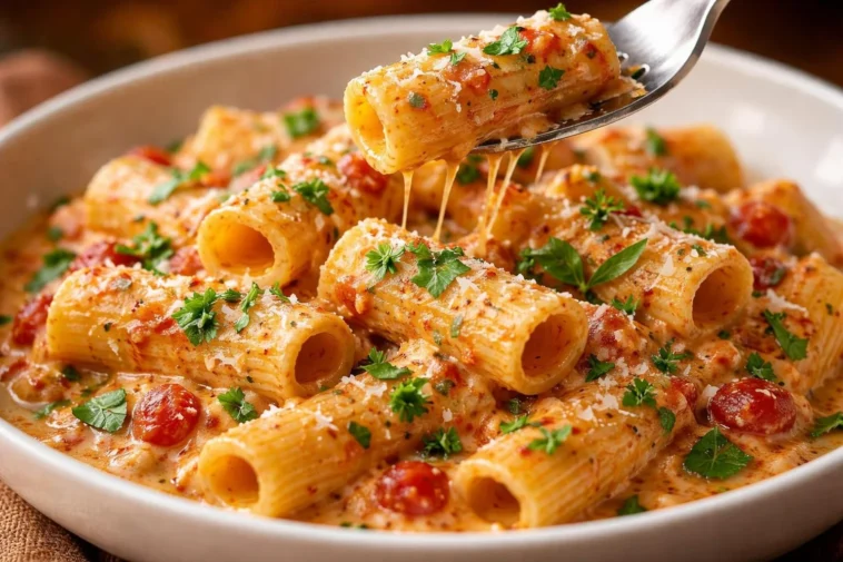 Cremige Tomatenknoblauch-Pasta 4 Cremige Tomatenknoblauch-Pasta auf einem Teller serviert.