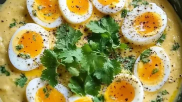 Eier in Senfsauce mit frischen Kräutern serviert auf einem Teller