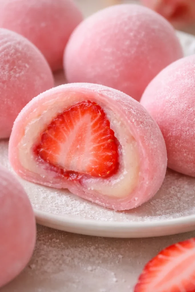 Erdbeer-Mochi 1 Leckere Erdbeer-Mochi aus frischen Erdbeeren und klebrigem Reismehl