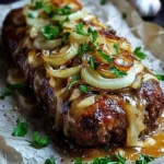 Französischer Zwiebelhackbraten 3 Französischer Zwiebelhackbraten auf einem Teller serviert