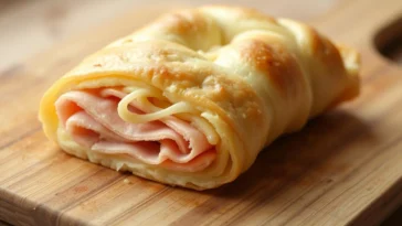 Gefüllter Blätterteigstrudel mit Schinken und Käse auf einem Teller