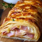 Gefüllter Blätterteigstrudel mit Schinken und Käse 4 Gefüllter Blätterteigstrudel mit Schinken und Käse auf einem Teller