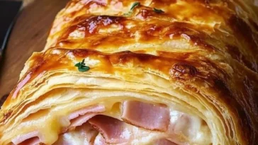 Gefüllter Blätterteigstrudel mit Schinken und Käse auf einem Teller