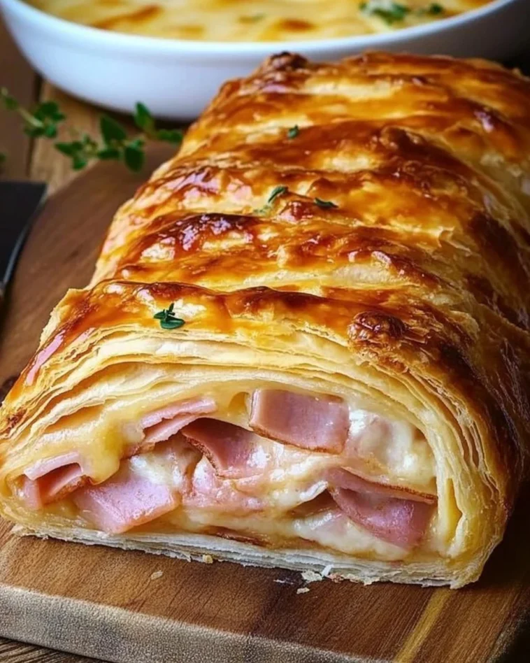 Gefüllter Blätterteigstrudel mit Schinken und Käse 3 Gefüllter Blätterteigstrudel mit Schinken und Käse auf einem Teller