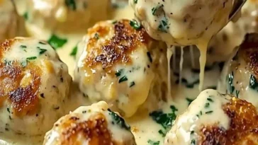 Hähnchen-Ricotta-Frikadellen mit Spinat-Alfredo-Sauce auf einem Teller