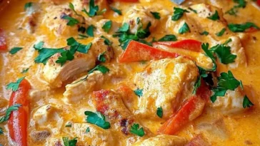 Hähnchen Stroganoff mit Pilzen und Sahnesauce auf einem Teller serviert