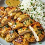 Hähnchenpfanne in Honig-Senfsoße 3 Hähnchenpfanne in Honig-Senfsoße auf einem Teller angerichtet