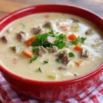 Hausgemachte Kohlrabisuppe mit Hackfleisch - Wärmend und sättigend 4 Hausgemachte Kohlrabisuppe mit Hackfleisch in einer Schüssel serviert.