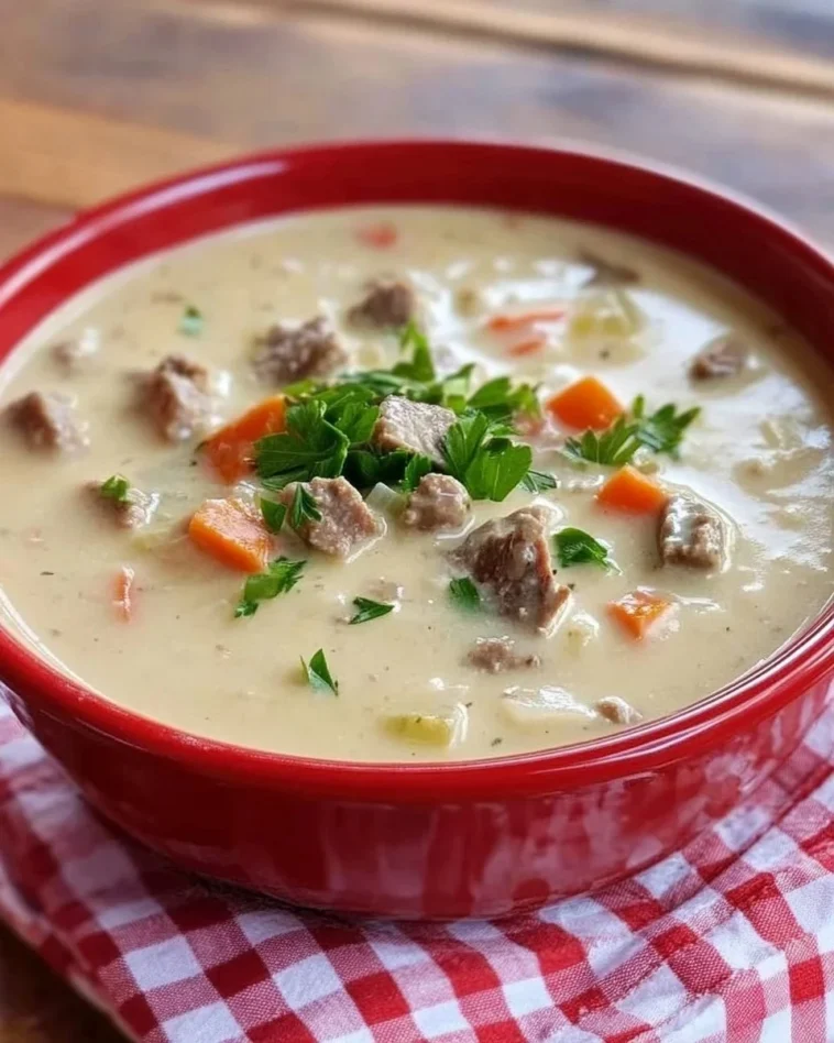 Hausgemachte Kohlrabisuppe mit Hackfleisch - Wärmend und sättigend 9 Hausgemachte Kohlrabisuppe mit Hackfleisch in einer Schüssel serviert.