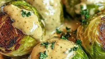 Herbstliches Gericht mit Rosenkohl und cremigem Frischkäse auf einem Teller