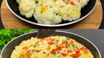 Herzhafte Blumenkohlpfanne mit Eiern und Tomaten, gesundes Rezept