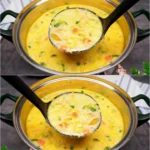 Herzhafte Fünf-Gemüse-Suppe 4 Schüssel mit herzhafter Fünf-Gemüse-Suppe, angereichert mit frischem Gemüse
