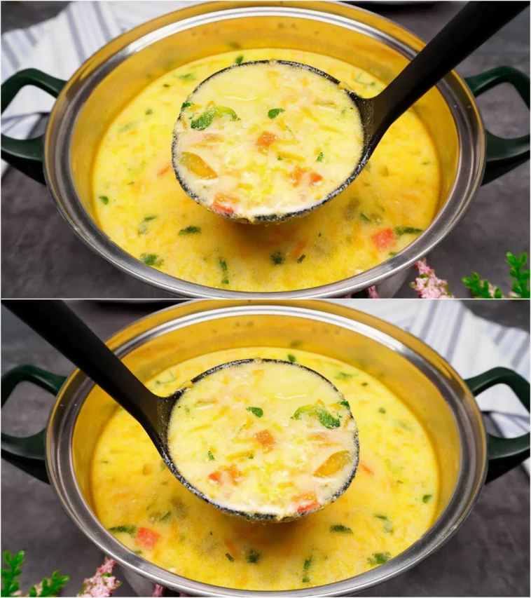 Herzhafte Fünf-Gemüse-Suppe 4 Schüssel mit herzhafter Fünf-Gemüse-Suppe, angereichert mit frischem Gemüse