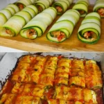 Himmlische mit Zucchini gefüllte Rollen 3 Himmlische Zucchini Rollen gefüllt mit schmackhaften Zutaten auf einem Teller