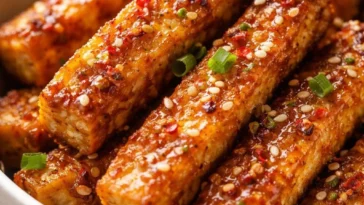 Honig-Senf-Tofu-Streifen auf einem Teller serviert, gesund und vegan