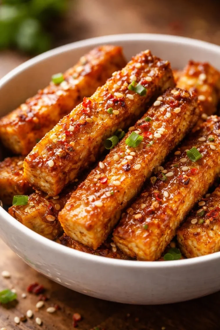 Honig-Senf-Tofu-Streifen 4 Honig-Senf-Tofu-Streifen auf einem Teller serviert, gesund und vegan