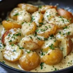 Kartoffeln in cremiger Knoblauchsoße 3 Kartoffeln serviert mit cremiger Knoblauchsoße auf einem Teller