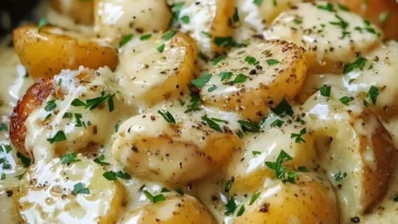 Kartoffeln serviert mit cremiger Knoblauchsoße auf einem Teller